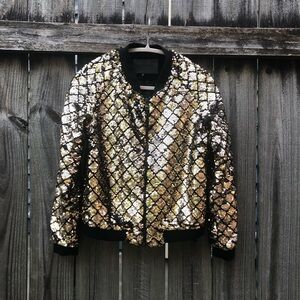 Comme USA Gold Sequin Jacket Zip Front Velvet Trim Geometric Size S